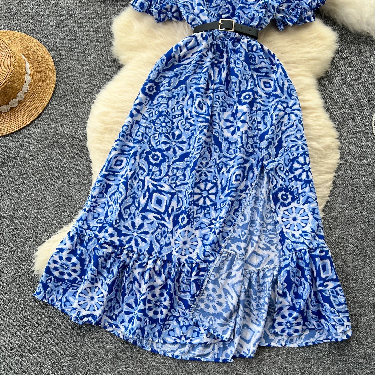 Summer Pleated Women Buttons Dresses Casual Beach Holiday Short Sleeve V Neck Woman Midi Dress Bohemian Mujer Vestidos