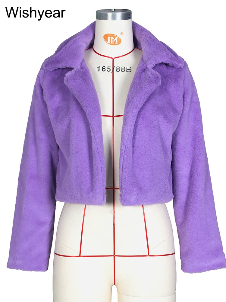 Fashion Faux Fur Open Stitch Lapel Crop Jackets Women Clothing Autumn Winter Solid Long Sleeve Warm Furry Fluffy Coat Outer Wear