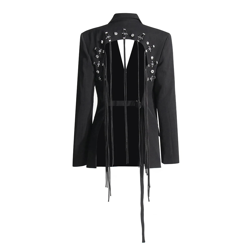 TWOTWINSTYLE Patchwork Diamonds Backless Blazer For Women Notched Collar Long Sleeve Spliced Button Chic Blazers Female Style