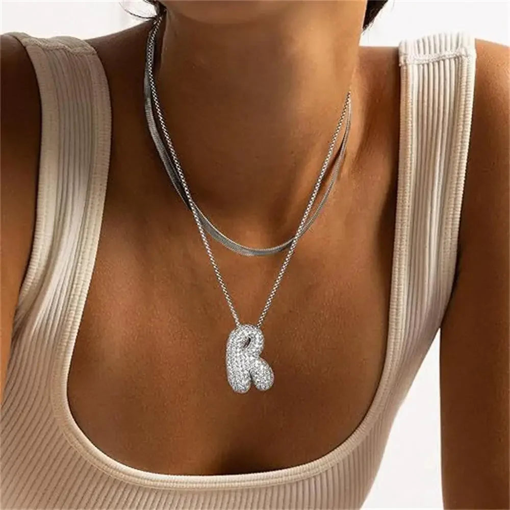 18K Gold Plated Waterproof Thick Bubble Alphabet Letter Clavicle Choker Necklace Sparkling Rhinestone Balloon Initial Jewelry
