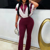 Beyprern New Chic Lounge Jumpsuit (Burgundy/Blush) Womens Zipper Front Patchwork Long Pants Jumpsuits Sexy Overalls Sportywear
