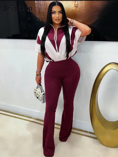 Beyprern New Chic Lounge Jumpsuit (Burgundy/Blush) Womens Zipper Front Patchwork Long Pants Jumpsuits Sexy Overalls Sportywear