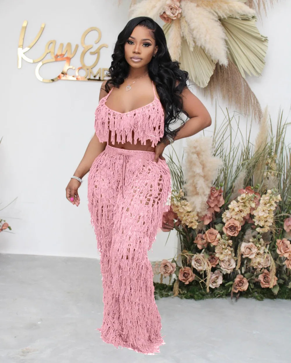 FAGADOER Sexy Hollow Out Tassels Pants Two Piece Sets Women Halter Sleeveless Backless Crop Top + Pants Outfit Female Streetwear