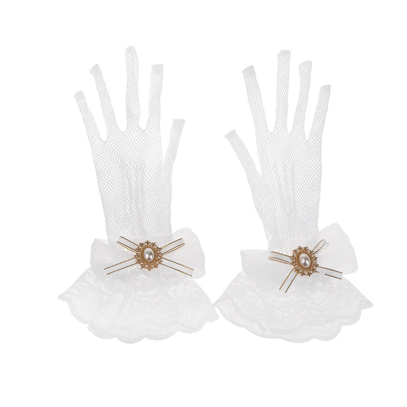 Girl Lolita Mesh Bow Flower Lace Gloves Black White Lace Gloves lolita Lace Sleeves Cosplay Jewelry