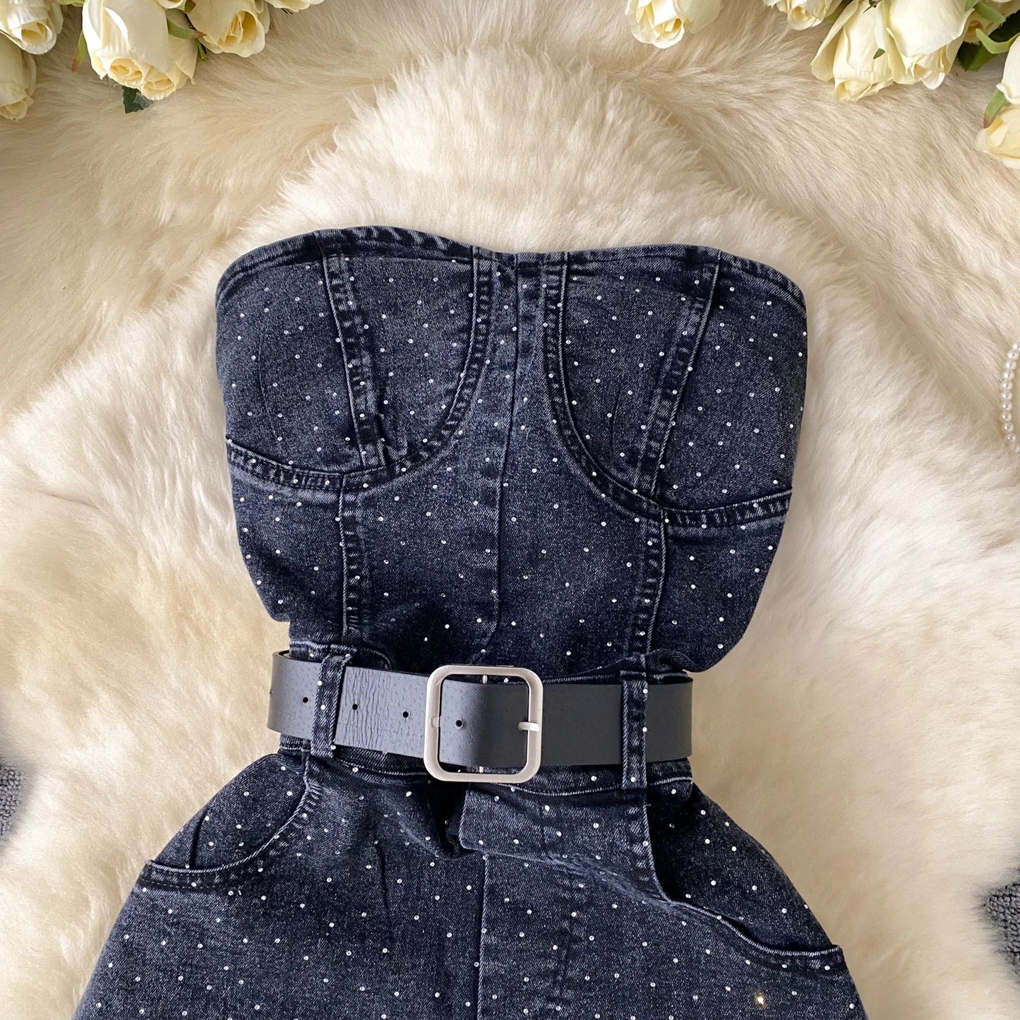 Women Denim one pieces Summer Playsuit Fashion Hot Drill High Waist Slim Sleeveless Strapless Sashes Outfits