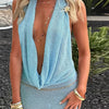 Knit Sequin Halter Mini Dress Women Sexy Deep V-neck Sleeveless Backless Hip Package Party Evening Dresses Chic Ladies Beachwear