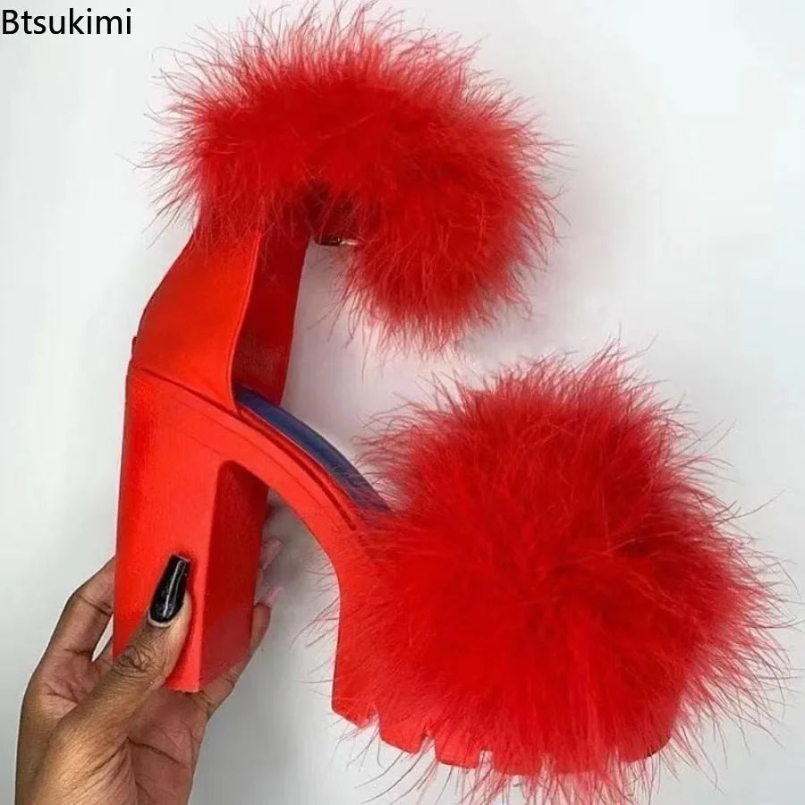 New Women's Summer Sandals Coarse-heeled Fur Rubber Sandals Shoes Women Platform Heels Mary Janes Shoes High Heels Leather Shoes