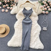 Summer V Neck Knit Sexy Strap Dress Women Elatic Waist Bodycon Sundress Female Beach Backless Maxi Long Dress