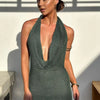 Knit Sequin Halter Mini Dress Women Sexy Deep V-neck Sleeveless Backless Hip Package Party Evening Dresses Chic Ladies Beachwear