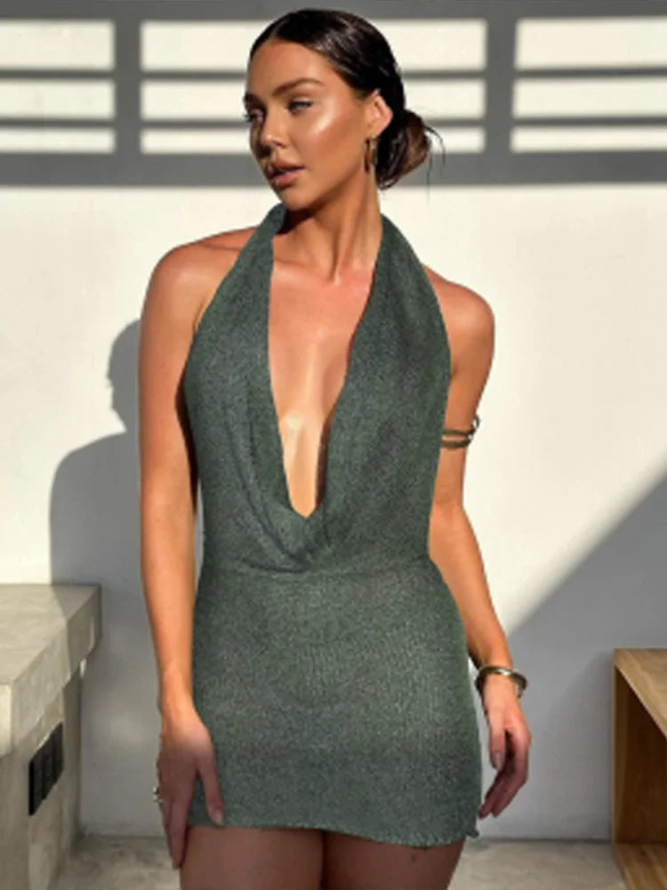 Knit Sequin Halter Mini Dress Women Sexy Deep V-neck Sleeveless Backless Hip Package Party Evening Dresses Chic Ladies Beachwear