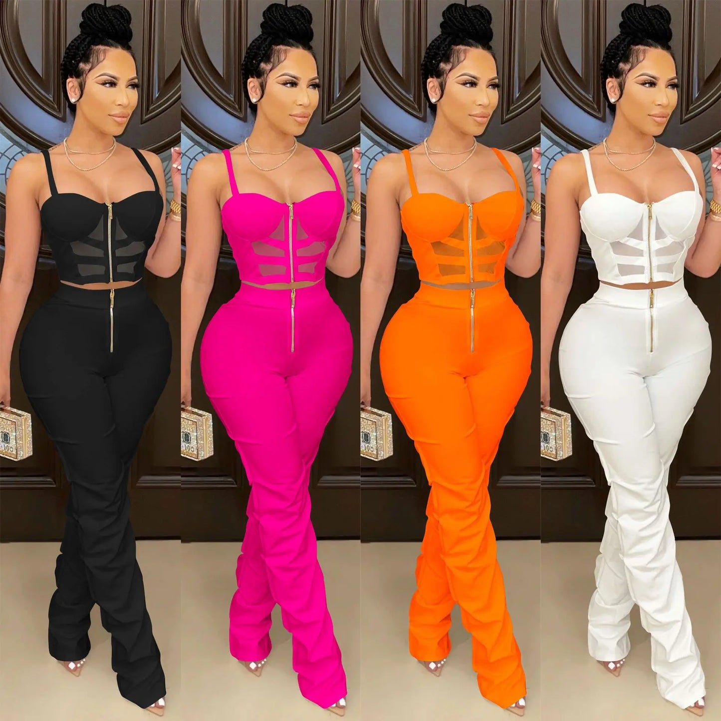 Sexy Solid Color Women's 2-Piece Slim Fit Open Back Zipper Tank Top+High Waist Trouser Set Amazing Bust Wrapping Street Clothing