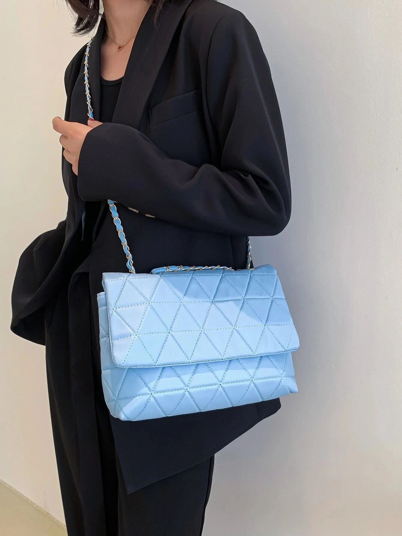 Fashion Blue Pu Flap Bag Golden Large Capacity Niche Geometric Handbag Women's Bag Embroidery Thread Metal Chain Shoulder Bag
