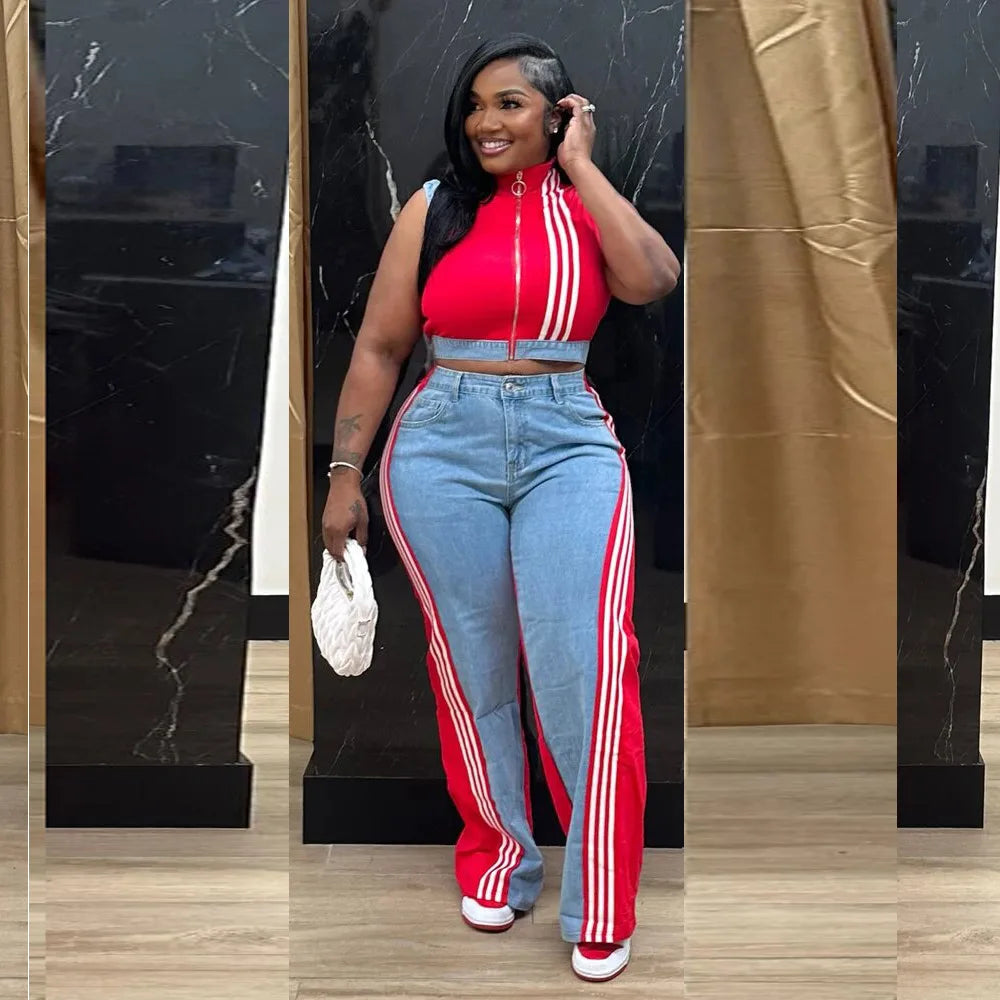 2 Pieces Women's Sets 2025 Spring Summer Denim Sleeveless Suit Tops And Wide Leg Pants Suits Two Piece Set Tracksuit Outfit