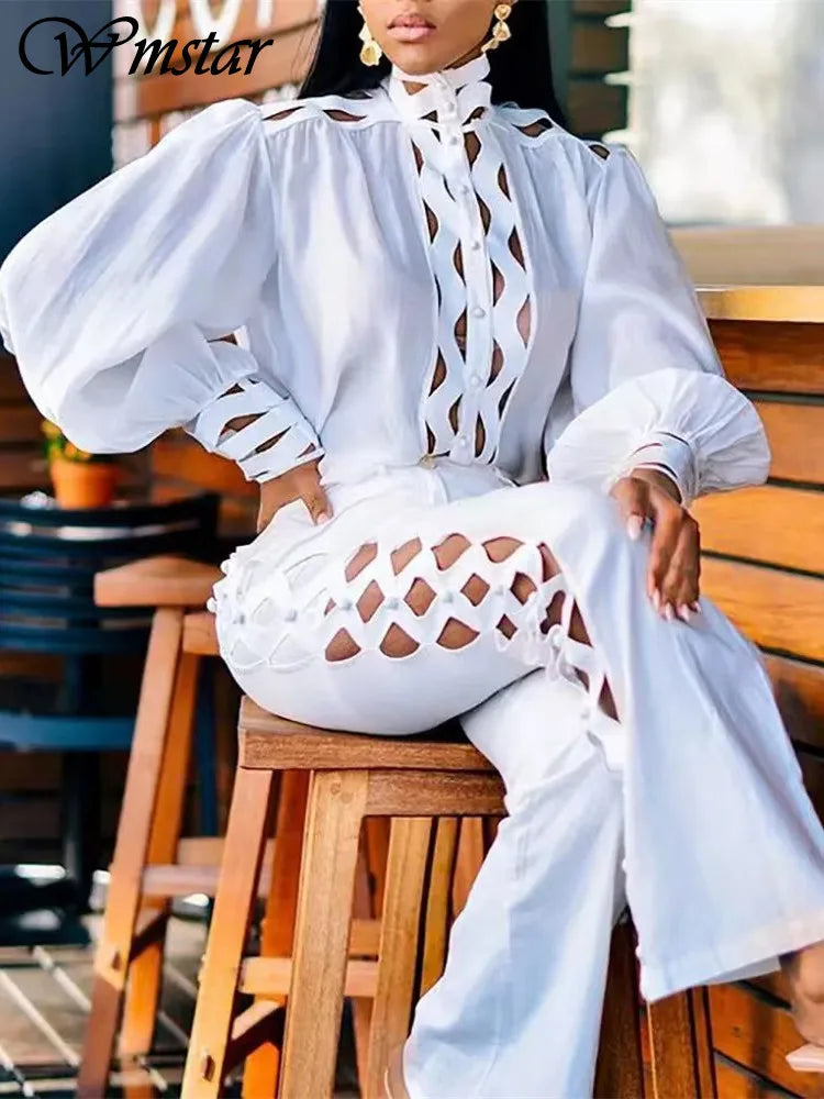 Wmstar 2 Piece Set Women Plus Size Hollow Out Sexy Young Daily Soft Full Sleeve Fashion Pants Wide Leg Wholesale Dropshipping