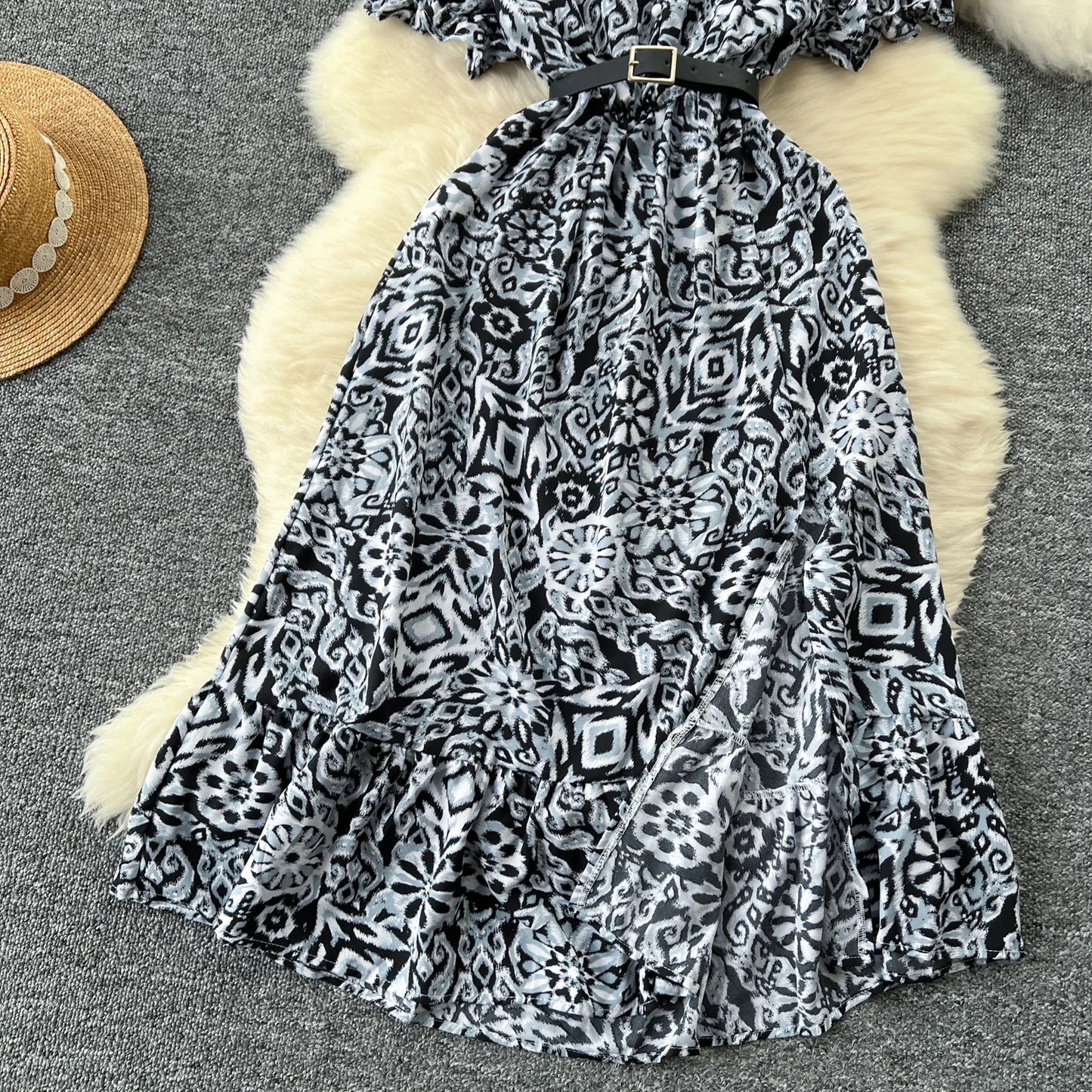 Summer Pleated Women Buttons Dresses Casual Beach Holiday Short Sleeve V Neck Woman Midi Dress Bohemian Mujer Vestidos
