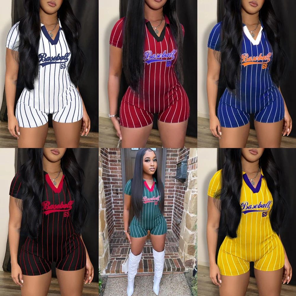 Women's V Neck Casual Jumpsuit One Piece Tight Short Rompers Sports Clothes Baseball Letter Print Summer Outfit New Fashion 2023
