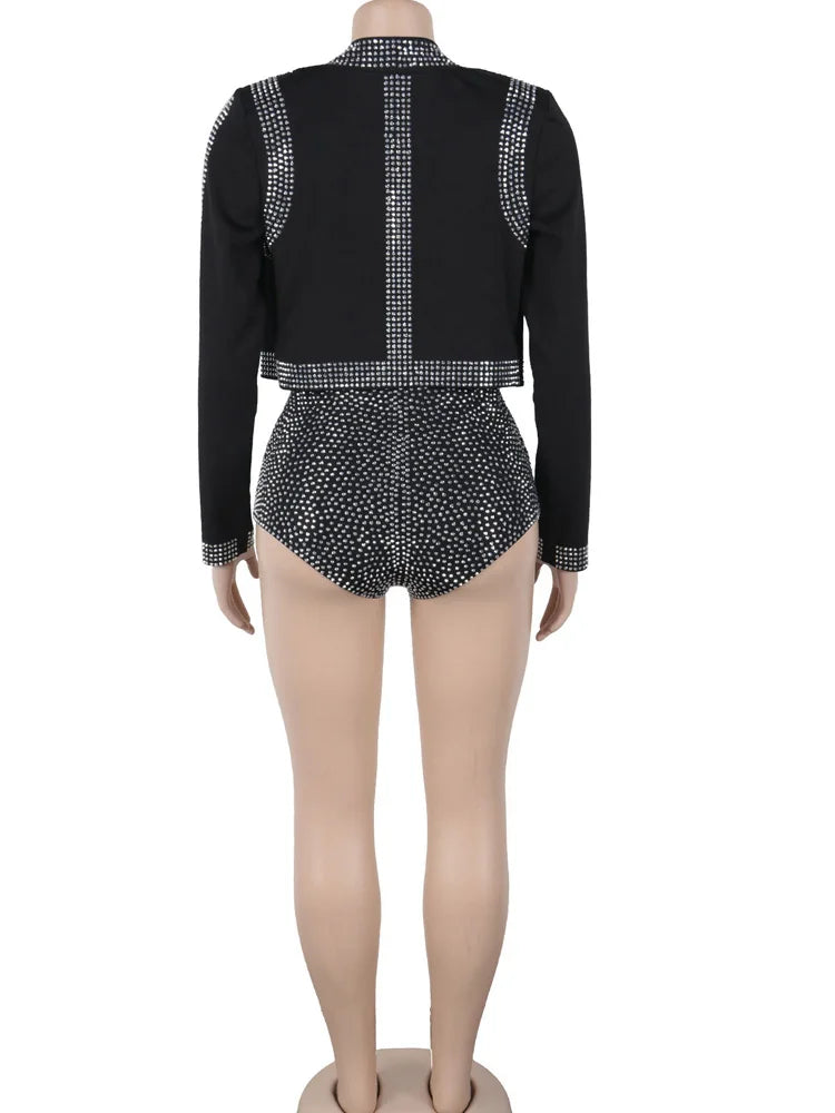 Beyprern Gorgeous Rhinestone Jacket Bra Top And Matching Shorts Set 3 Pieces Outfits For Women Sparkle Crystal Tracksuits Set