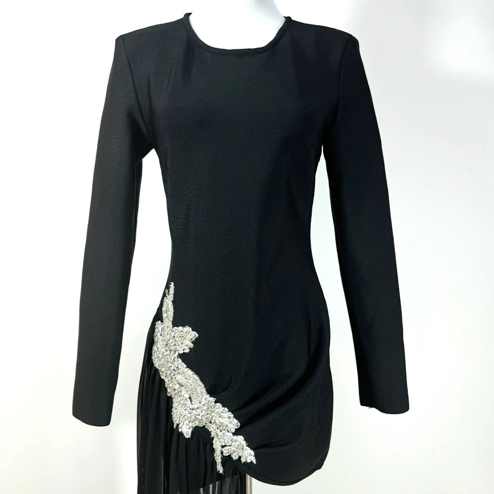 GPBD Sexy Bead Appliques Irregular High Low Dress Black Long Sleeved O-Neck Long Dresses Autumn Clothes Women 2024