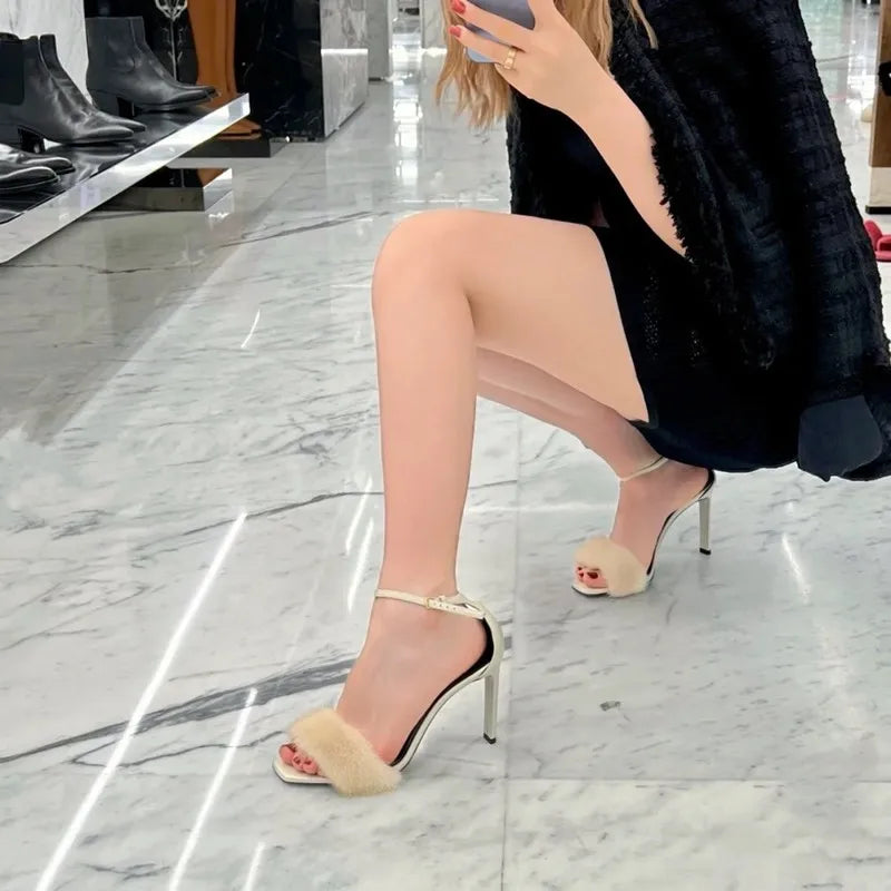 2025 Early Spring New Mink Hair High Heels One-word Sandals Square Head Stiletto Women's Shoes