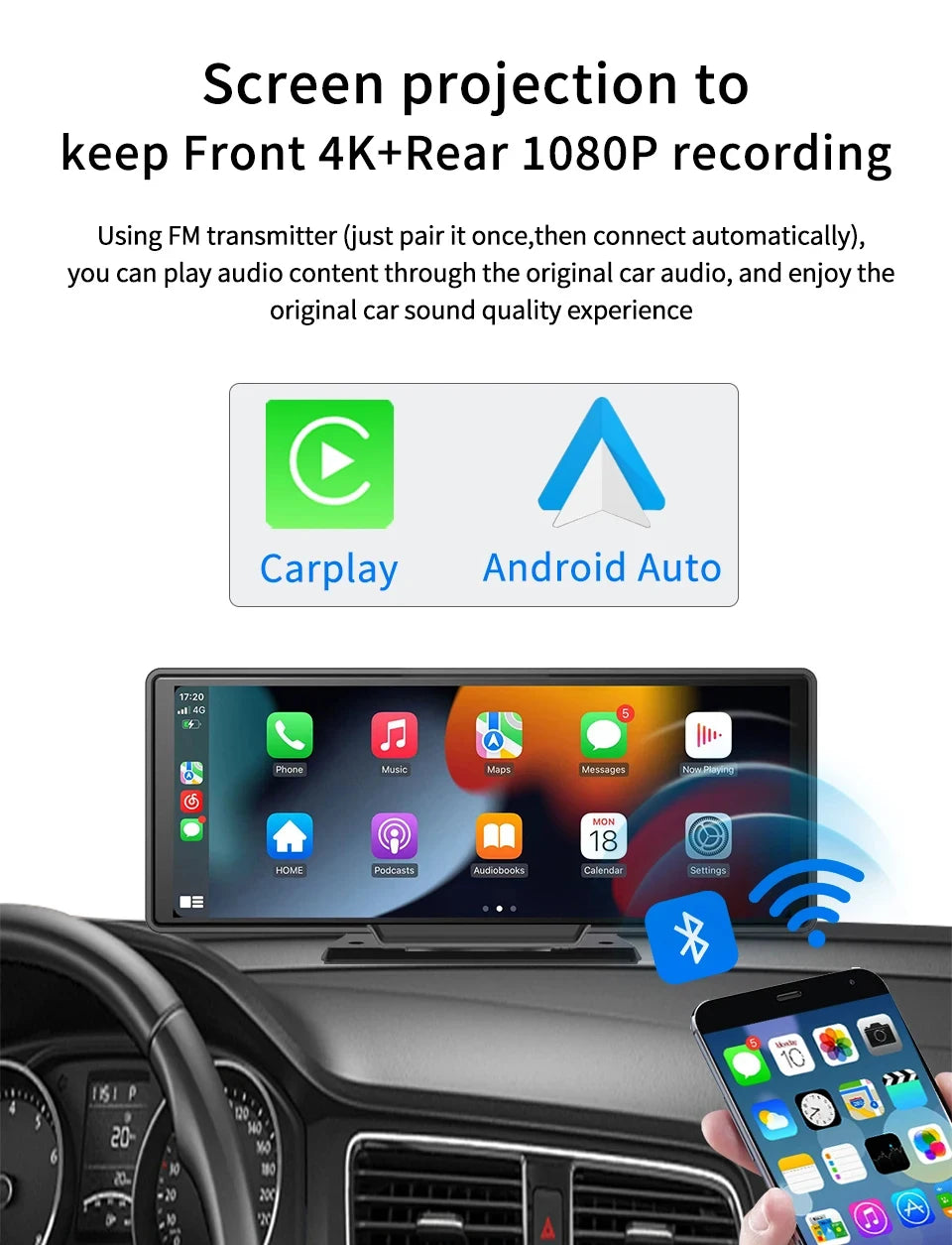 10.26“  Dash Cam 4K 3840*2160P Car Dvr Carplay Android Auto GPS 5G WIFI  Stream RearView Mirror Dashcam Camera Drive Recorder FM