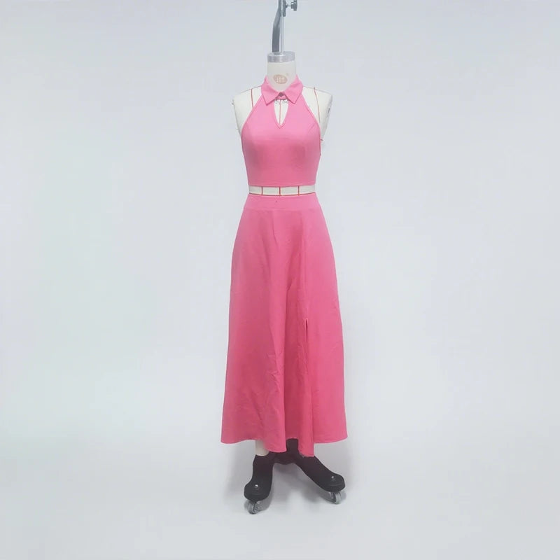 Women's Pink Two Piece Set Halter Collar Crop Top Split Maxi Skirt Ideal for Evening Parties Summer Weddings Chic Outings