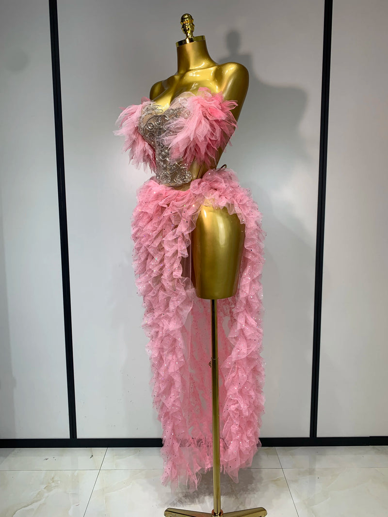 Damen Sexy Trägerloses Rüschen Zweiteiliges Set Bodycon Langes Kleid Hoher Schlitz Mode Nachtclub Party Geburtstag Sänger Bühnenoutfit