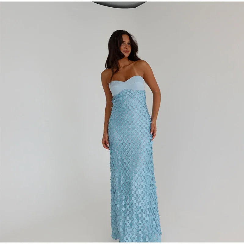 Sexy Stain Long Dress Women Patchwork Solid Tube Top Sleeveless Party Dresses 2025 Summer Lady Slim Vacation Backless Robes