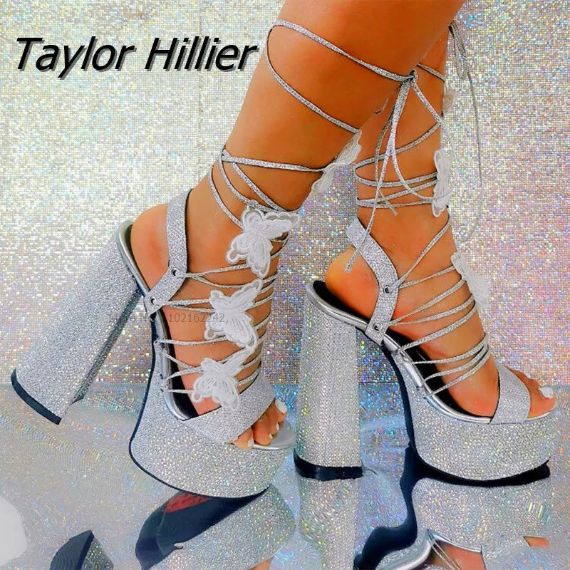 Platform Crystal Chunky Heels Sandals With Bow Cross-Strap Bling Elegant Glitter Silver Sandals Women Summer Butterfly Shoes