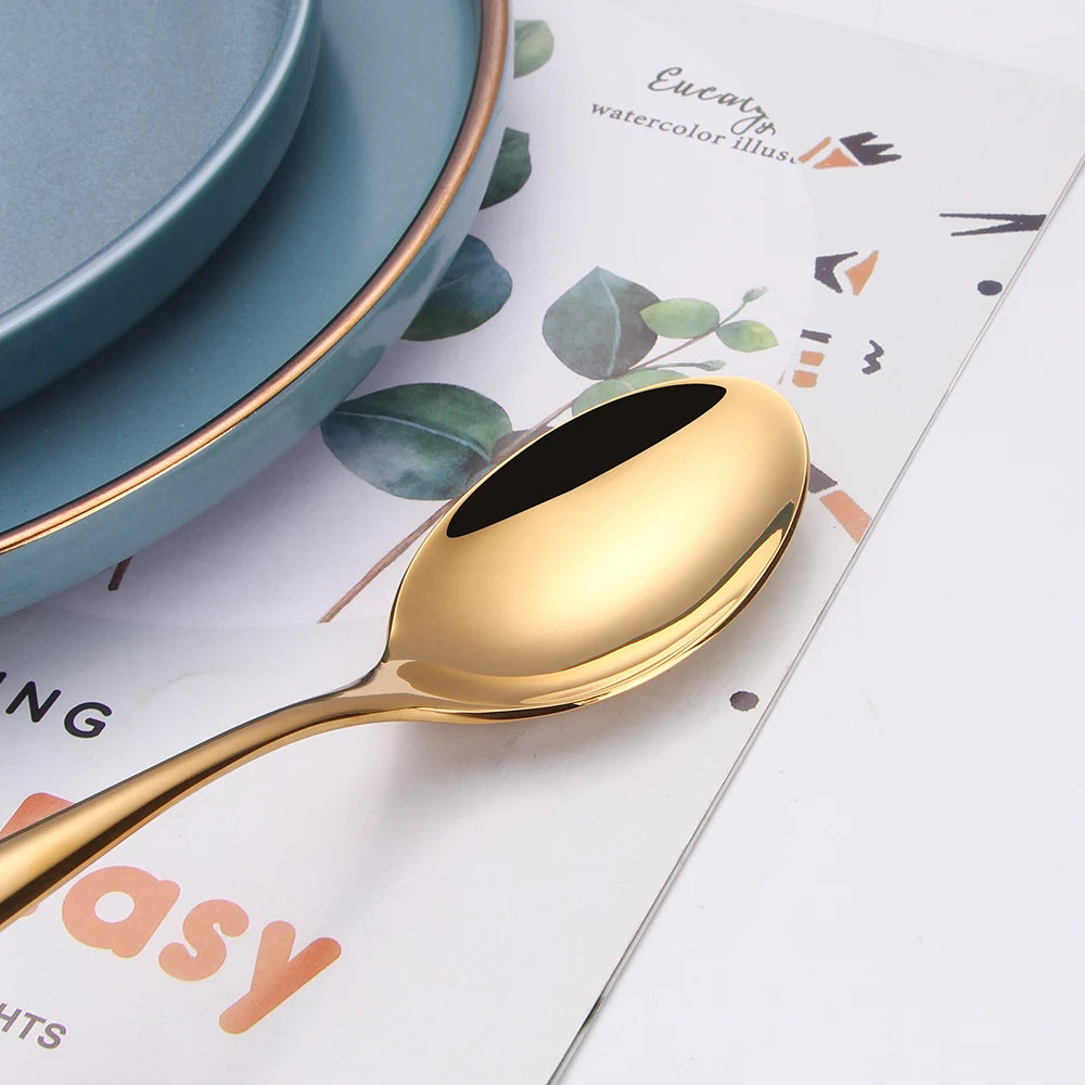 6/16/20/24Pcs Gold Tableware Stainless Steel 304 Cutlery Set Western Dinner Set Mirror Knife Fork Spoon Smooth Handle Flatware