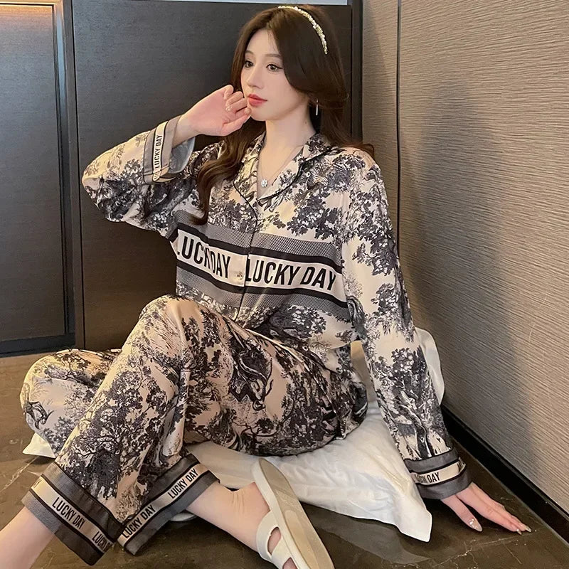 Spring Autumn New Satin Silk Pajamas for Women Fashion Long Sleeve Long Pants High Grade Elegant Comfortable Lapel Loungewear