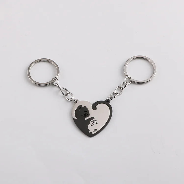 Cute Cat Keychain Stainless Steel Key ring Couple Lover Animal Matching Keyring Pendants Valentine's Day Gift