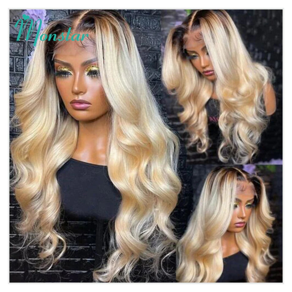 13x6 Lace Frontal Wig Brazilian Straight Human Hair Wig 2 Tone Dark Root 1B 613 Ombre Blonde Lace Front Wigs For Black Women 40"