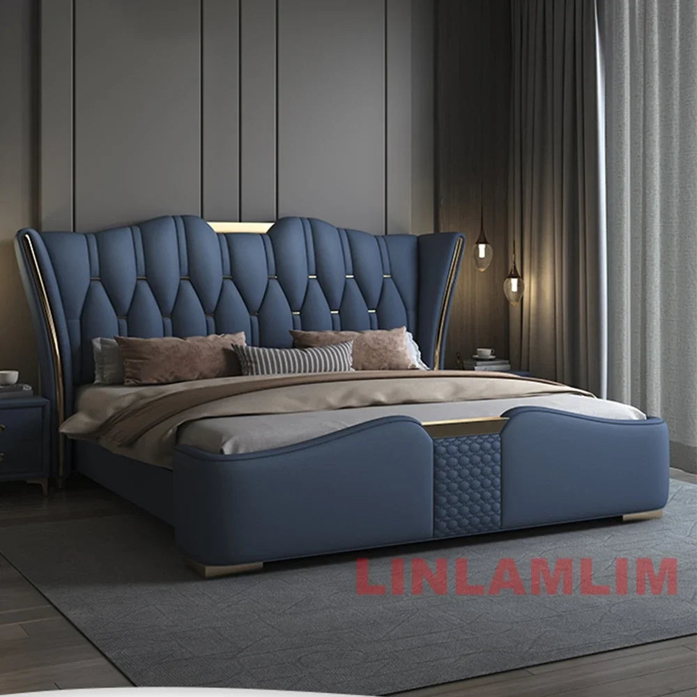 MINGDIBAO Luxury Modern Upholstered Bed Frame with Gold Accents, Genuine Leather Designer Bed, Queen/King Size Bedroom Furniture