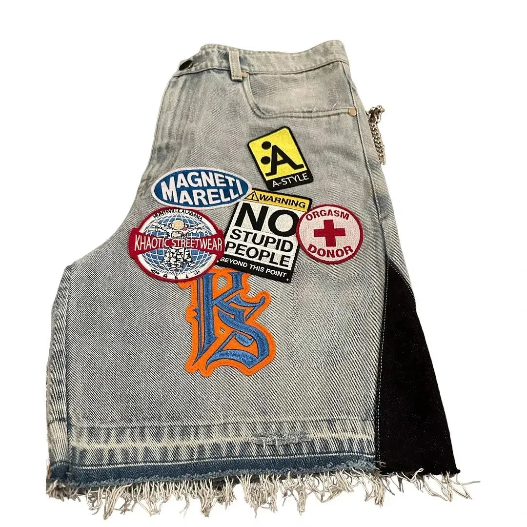 Retro Blue Streetwear Patchwork Denim Short Y2K Jeans Men Women Hip Hop Cartoon Graphics Loose Camo Denim Fitness Casual Shorts