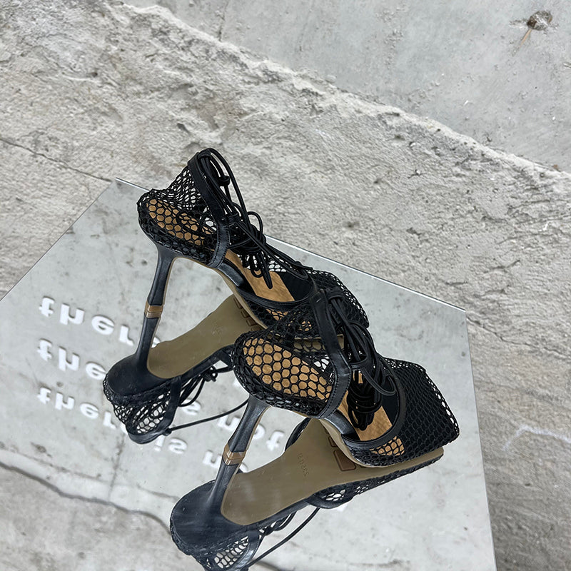 Aneikeh 2024 Summer Sexy Mesh Pumps Sandals Female Square Toe High Heel Lace Up Cross-Tied Stiletto Hollow Dress Party Shoes
