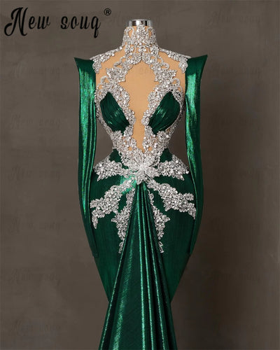 Emerald Green Arabic Long Evening Dress Heavy Handmade Crystals Birthday Pageant Prom Dress Women Wedding Party Dress Customized