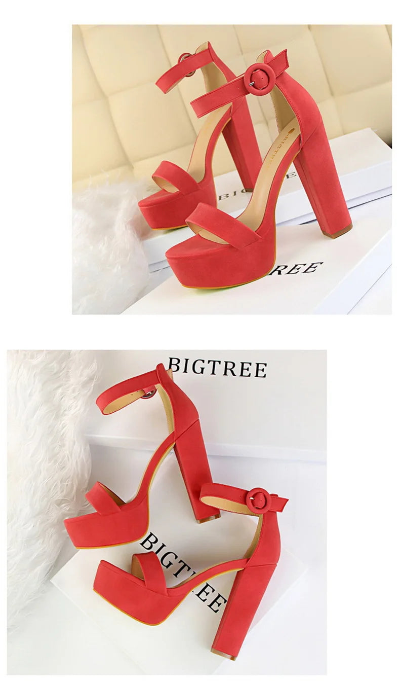 Fashion Women Pumps Sandals Summer Platform Belt Buckle Strap PU Square Heel Outdoor Korean Style Black Open Toe Grace 1550-1