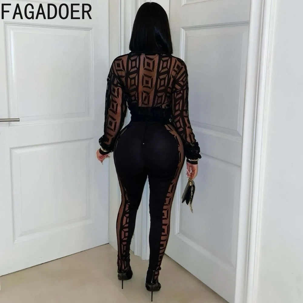 FAGADOER Sexy Mesh Women 2 Piece Set Outfit See Through Long Sleeves Crop Top + Skiny Pants Suits Female Streetwear Clothing New