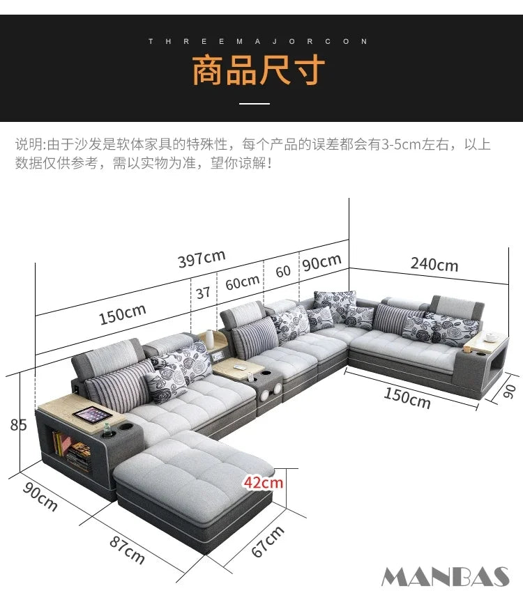 MINGDIBAO Nordic Fabric Sofa Set with Bluetooth Speaker & USB - Modern Living Room Modular Sofas Big U Shape Corner Cloth Couch