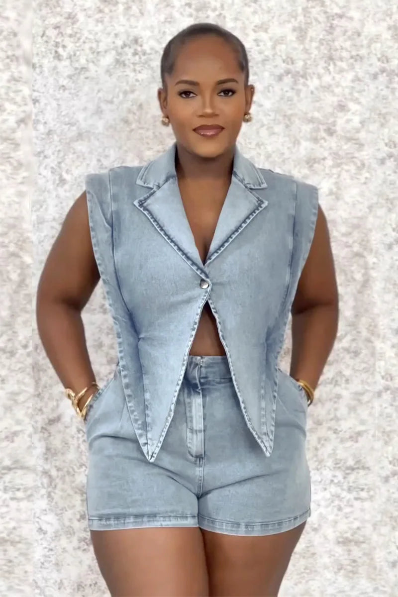 HLJ High-quality Fashion Denim Rompers Women Lapel Sleeveless Hollow Button One Piece Jumpsuits Female Streetwear Overalls New