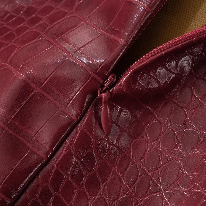 Luxury Leather Strapless Short Dress Womens Sleeveless Backless Sexy Crocodile Skin Pattern Party Dresses 2025 Evening Red Brown