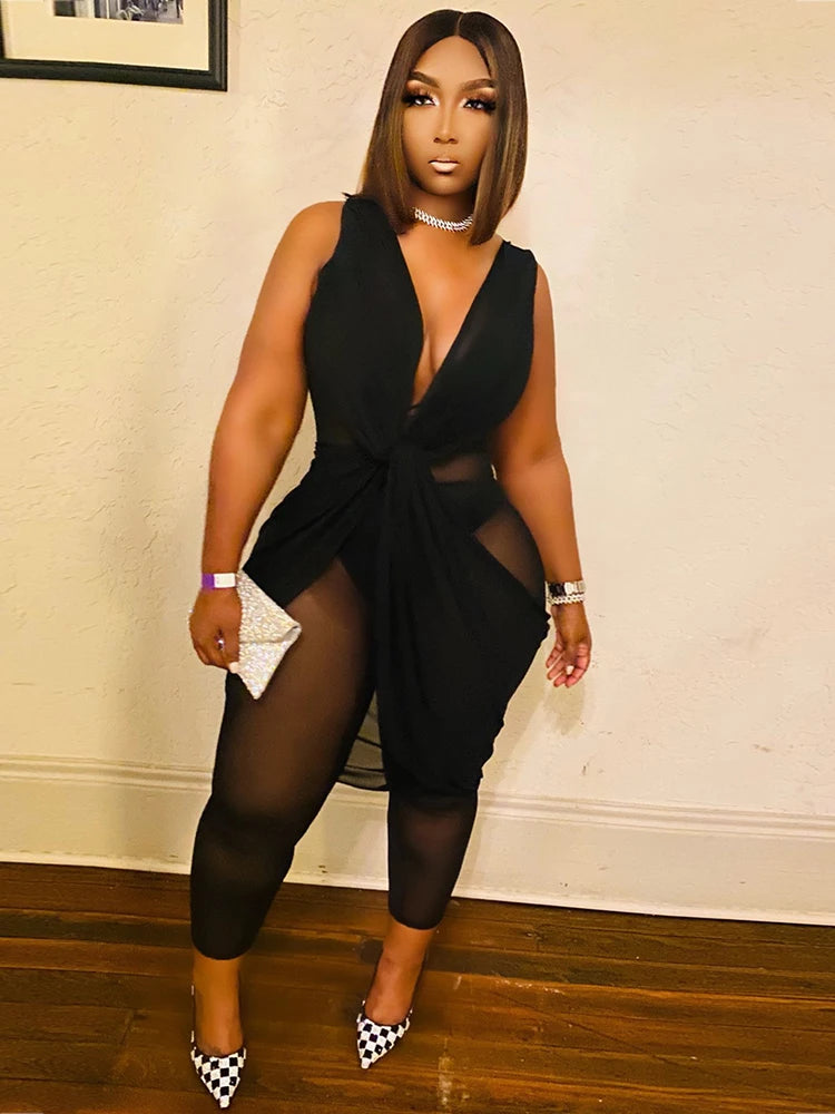 Female Jumpsuit Summer One Piece Ladies Mesh Jumpsuit V Neck Sleeveless Sexy Jumpsuit Woman Wholesale Dropshipping