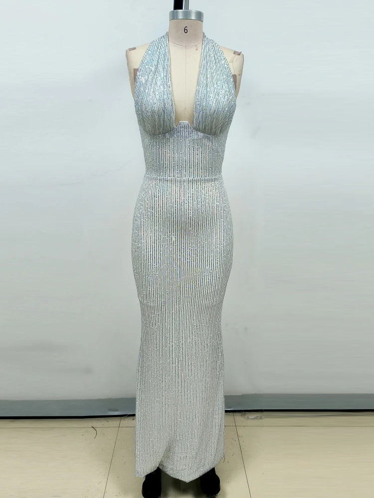 Sexy Halter Deep V Neck Sequins Maxi Dress Women Green Sleeveless Backless Sequined Slim Long Dresses Celebrity Party Gowns