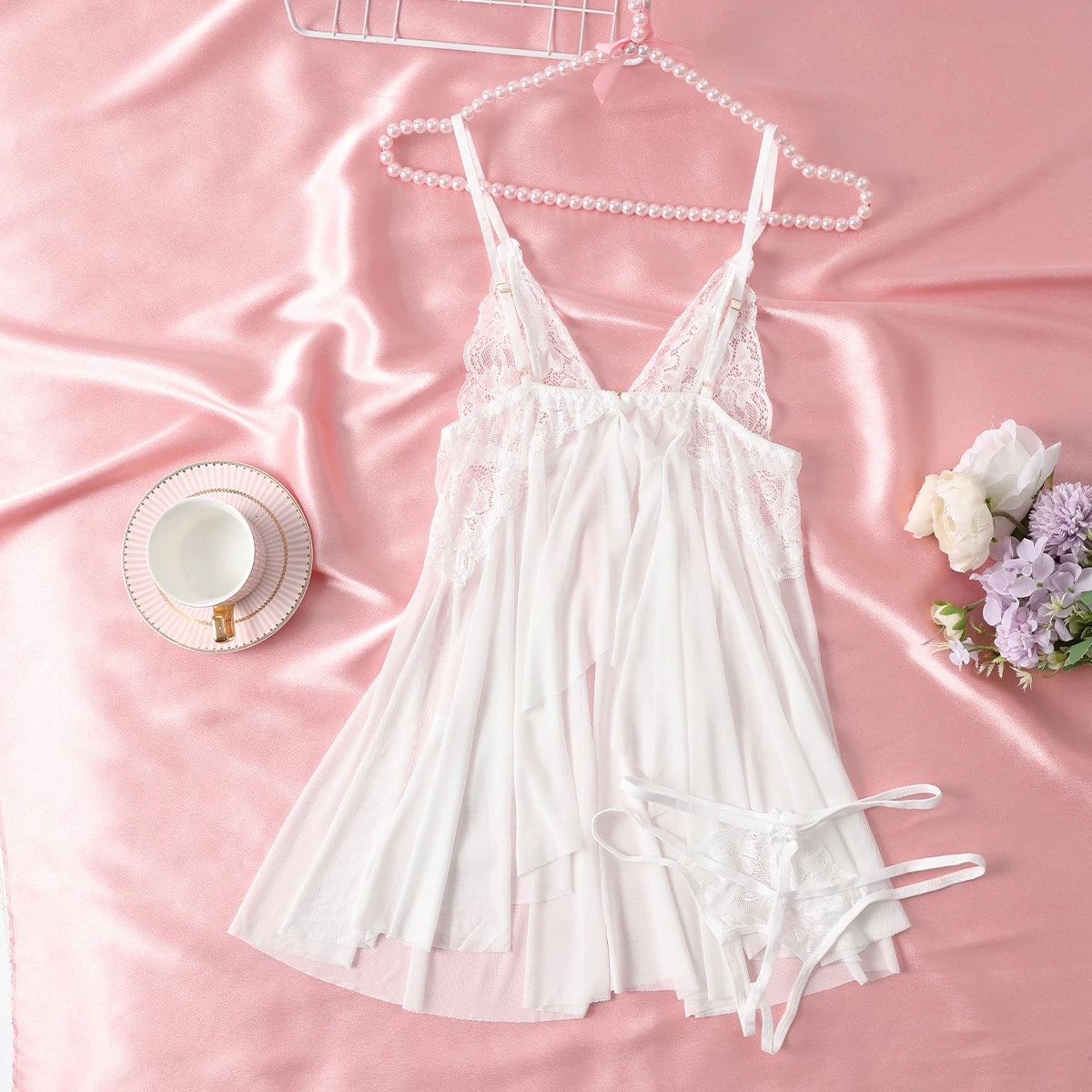 Sexy Summer Open Bra Deep V-neck Pajamas Women's Fashion Cute Lingerie Clothing Soothing Soft Sleeveless Mini Thongs Skirt Set