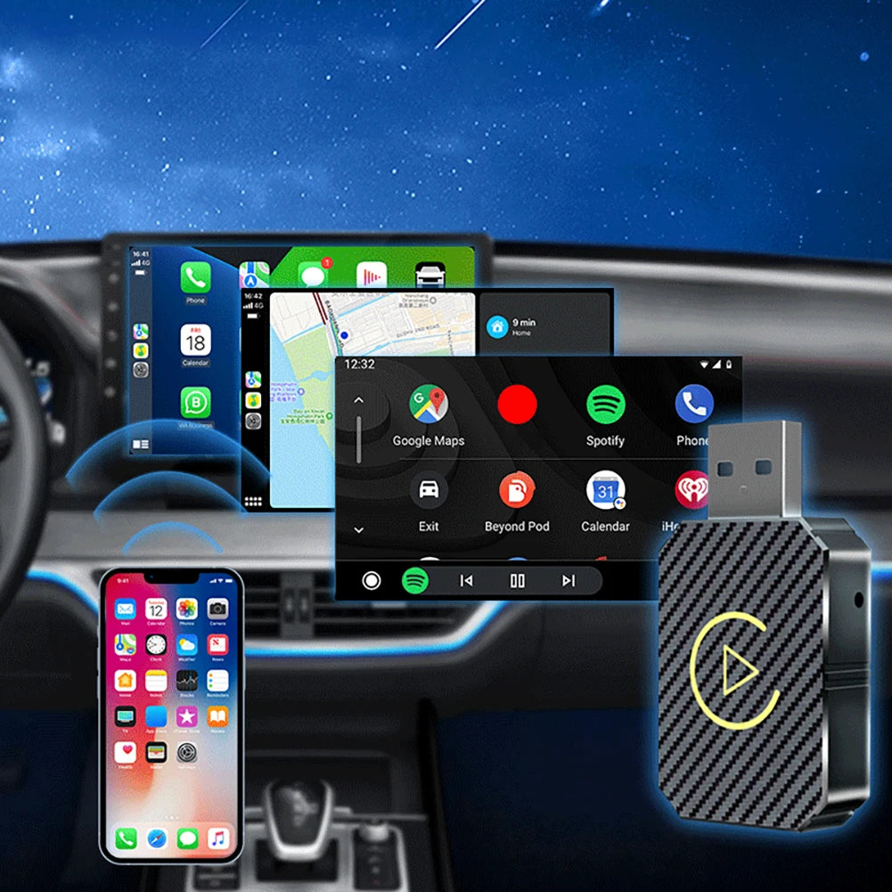 2 in 1 Wireless Carplay Adapter Android Auto Smart USB Dongle Plug and Play BT WiFi for OEM Wired CarPlay/Andriod Auto Cars