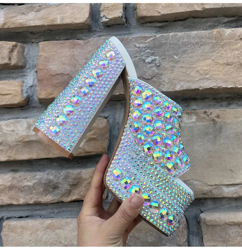 Luxury Handmade Full Rhinestones Platform Wedges Women Slippers Sandals Fashion Summer High heels Mules Slides Chunky Shoes