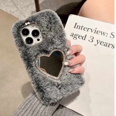 Plush Girl Mirror Case For iPhone 14 15 Pro Max 11 12 13 Pro Max Cosmetic Mirror Drop Protection Cover