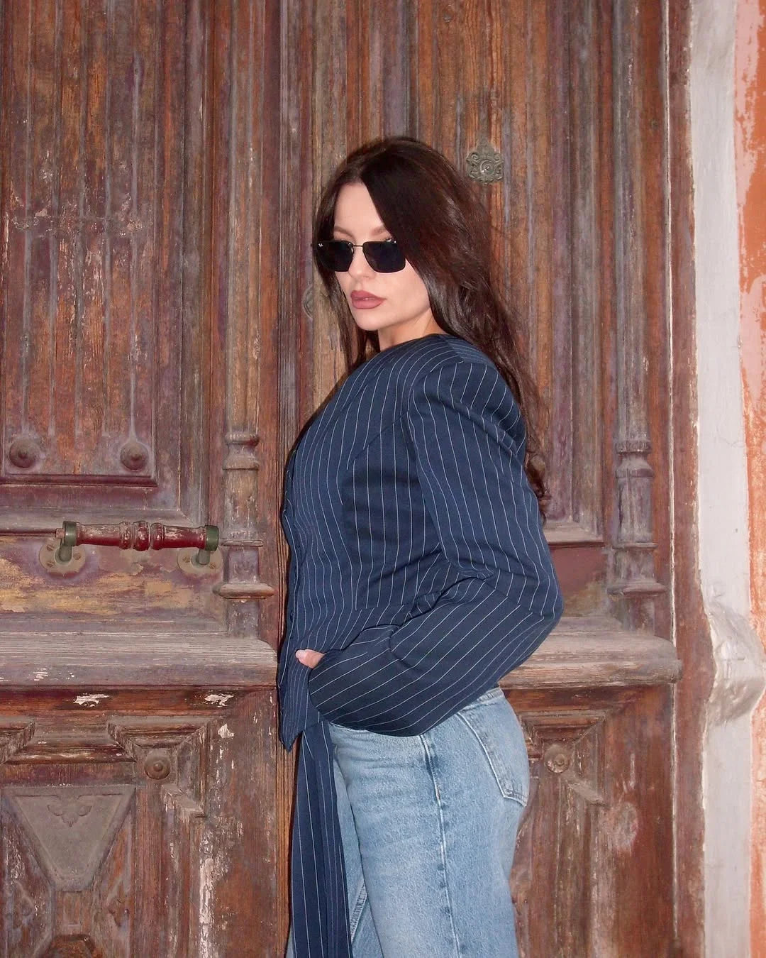 Tossy Elegant Female Striped Suit Coat For Women Scarf Lace-Up Patchwork V-Neck Long Sleeve Luxury Outwear Female Jackets Coat