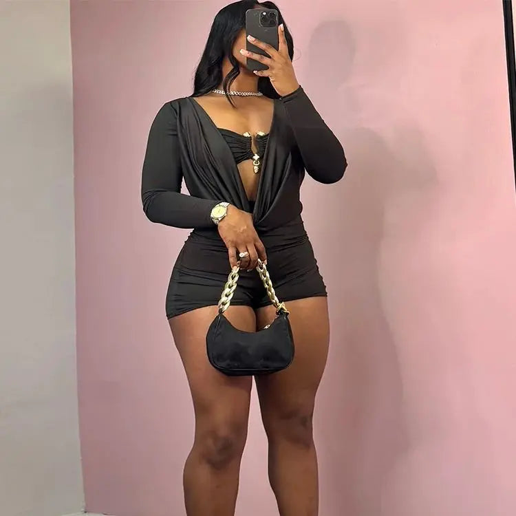 Insglas Spring Trend Swing Collar Sexy Women Romper+Metal buckle Bra Hipster Midnight Party New Workout Fit Coquette Playsuits