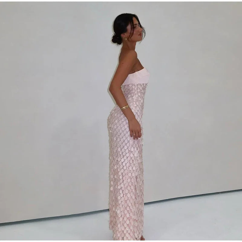 Sexy Stain Long Dress Women Patchwork Solid Tube Top Sleeveless Party Dresses 2025 Summer Lady Slim Vacation Backless Robes